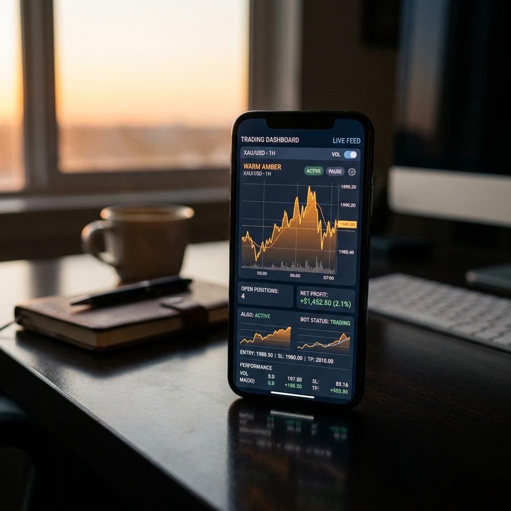 Telleverdom kontrollpanel for automatisert kryptohandel på mobil